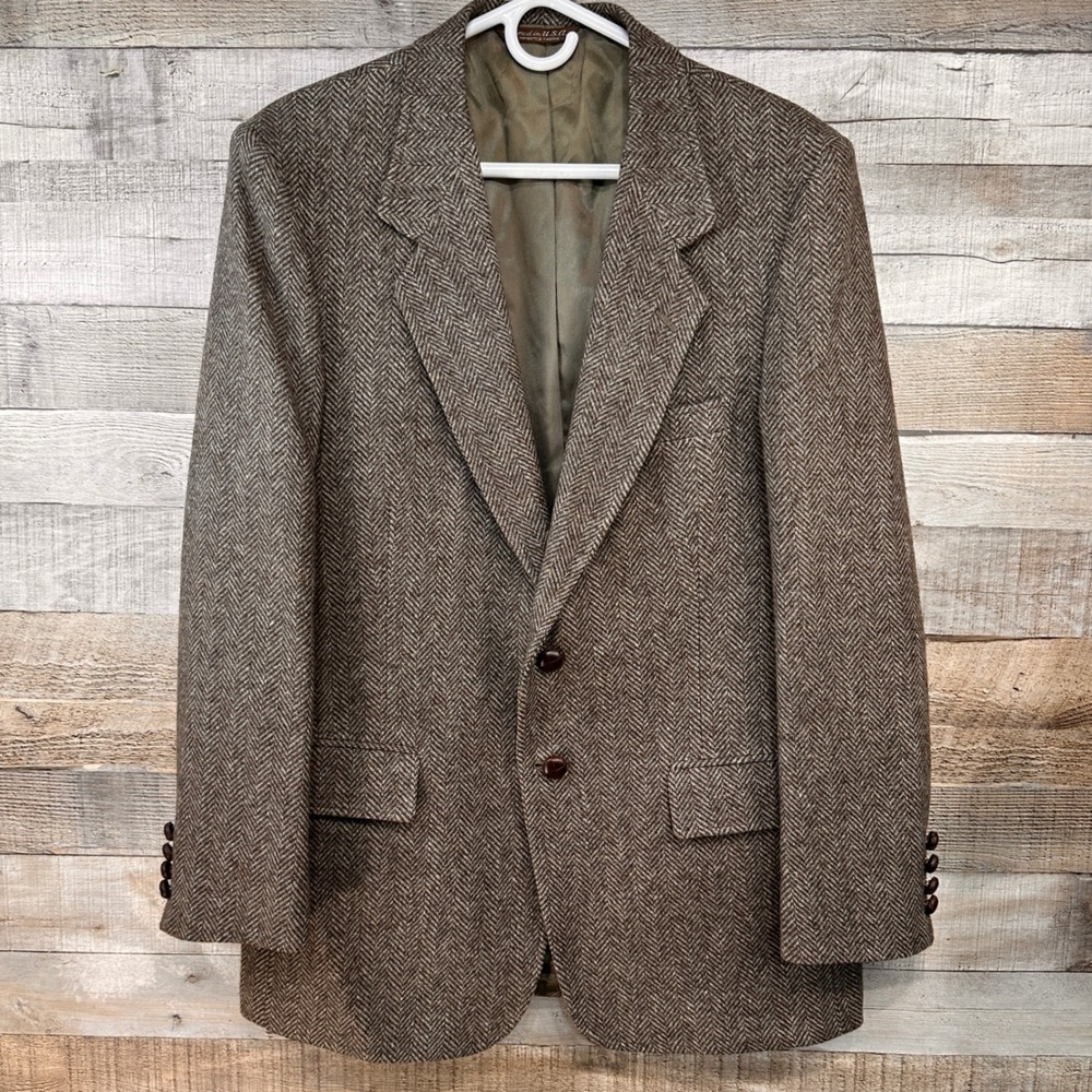 Arnie II Arnold Palmer Mens 42R Wool Herringbone Blazer Sport Coat Brown Vintage